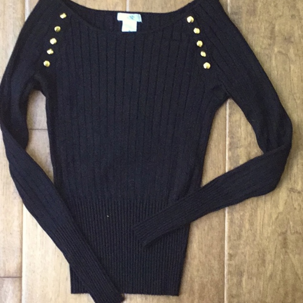 Off the Shoulder, Black Rib Knit Sweater by Cache